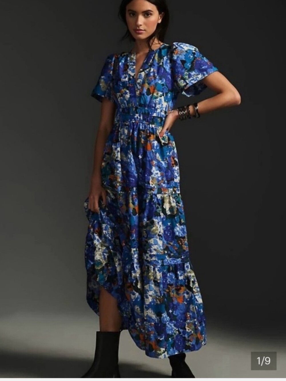 Anthropologie SOMERSET Blue, Orange and White Floral Tiered Maxi Dress